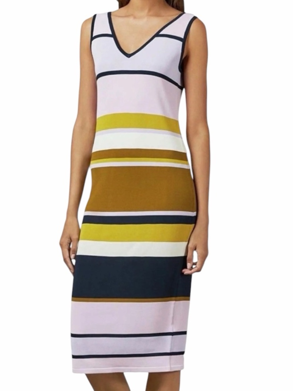 Ted Baker London Striped Midi Dress Size 5 Pink Navy Mustard V-Neck